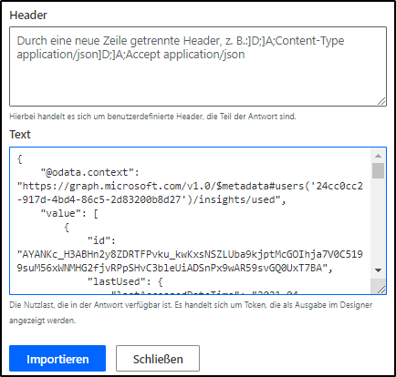 Screenshot der Antwort im Feld „Text“ und der Schaltfläche „Importieren“
