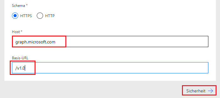 Screenshot der Felder „Host“ und „Basis-URL“ mit der Schaltfläche „Sicherheit“