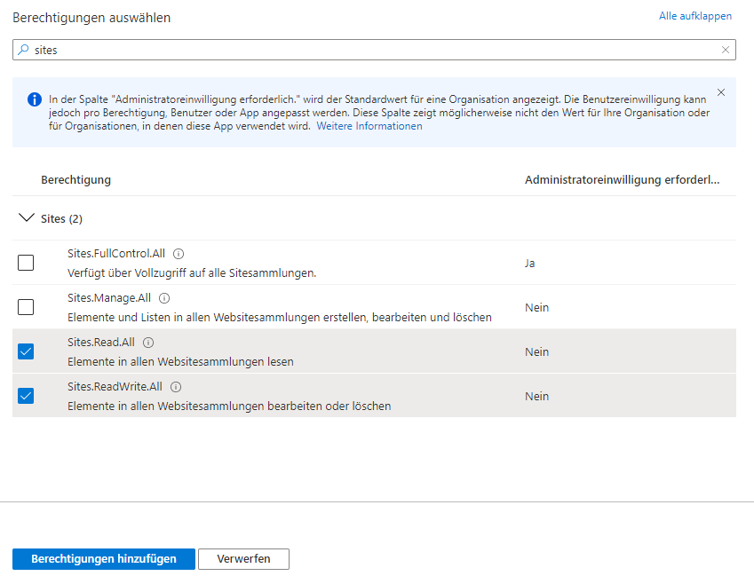 Screenshot des ausgewählten Fensters „Berechtigungen“