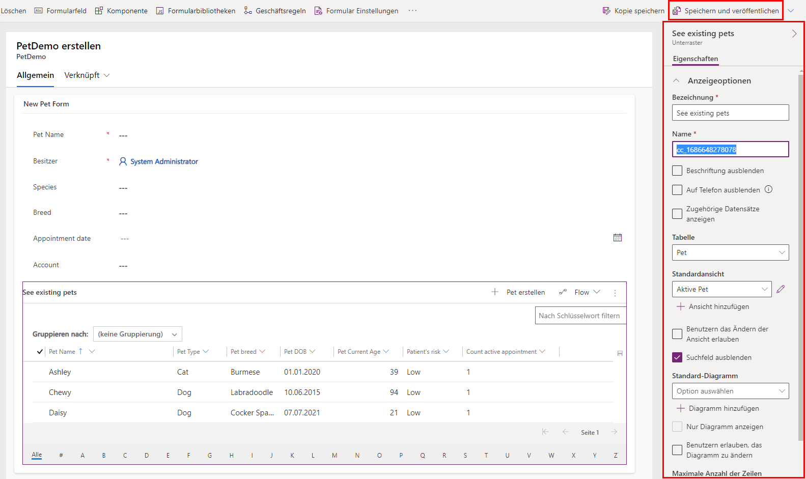 Screenshot des Formulars mit hinzugefügtem bearbeitbarem Raster mit hervorgehobenen Anzeigeoptionen sowie Speichern und Veröffentlichen.