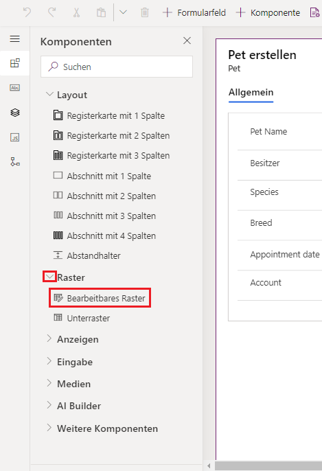 Screenshot des Menüs „Komponenten“ mit erweitertem Feld „Raster“ und ausgewähltem „bearbeitbaren Raster“