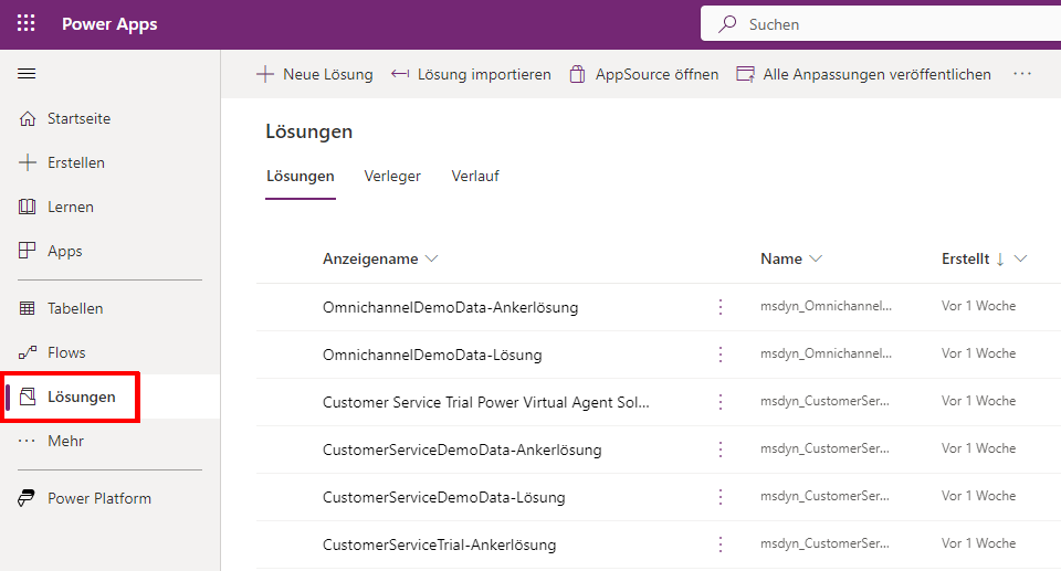 Screenshot der make.powerapps-Homepage mit hervorgehobenen Lösungen