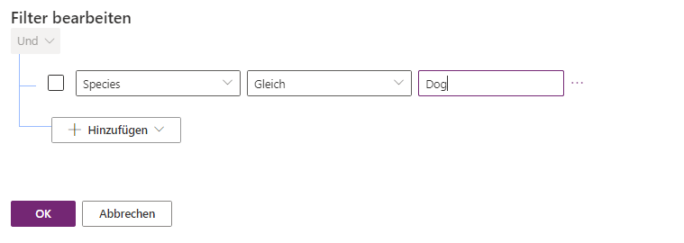 Screenshot des Bereichs „Filter bearbeiten“ mit einer Bedingung für den Filter „Art gleich Hund“
