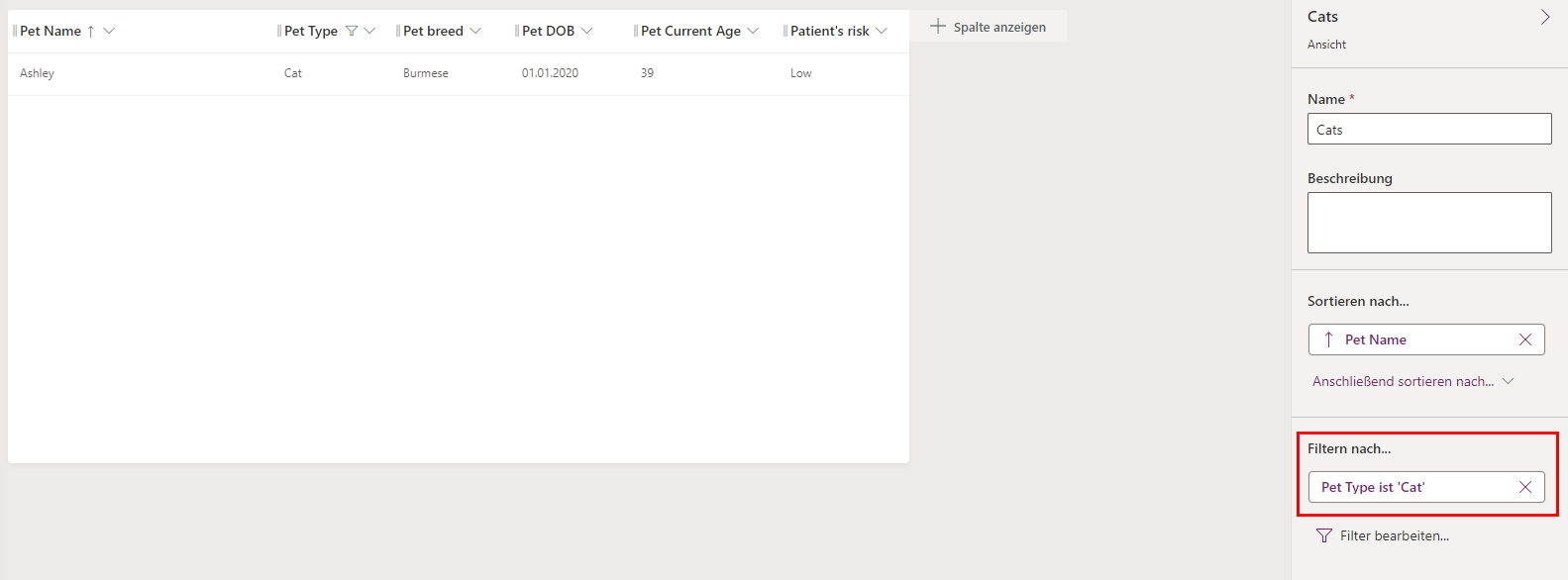Screenshot mit dem Eigenschaftenbereich „Ansicht“ mit hervorgehobener Option „Filtern nach“ und aufgelistetem Filter