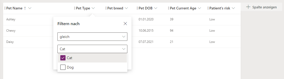 Screenshot mit dem Filtern nach Popup-Fenster mit verfügbaren Werten aus der Spalte