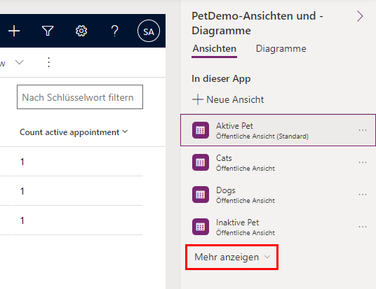 Screenshot des Ansichten-Eigenschaftenbereichs mit der hervorgehobenen Schaltfläche „Mehr anzeigen“