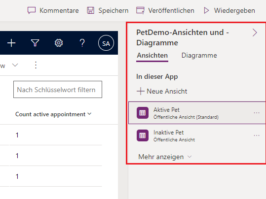Screenshot des Eigenschaftsbereichs für Ansichten