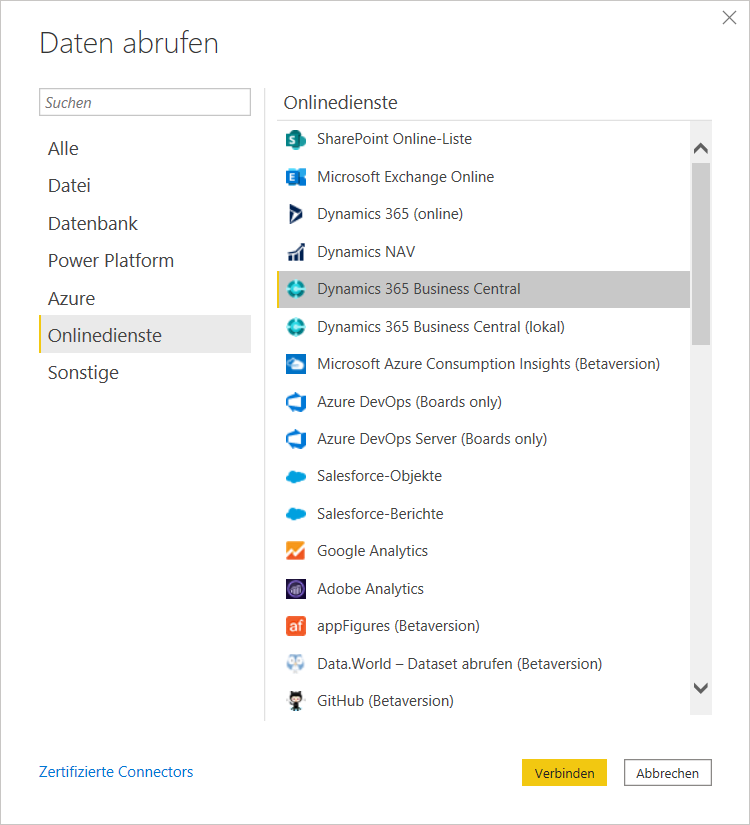 Screenshot der Onlinedienste mit Auswahl von Dynamics 365 Business Central