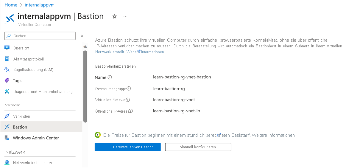 Screenshot of the Connect page and Bastion tab, with the Create Azure Bastion using defaults button.