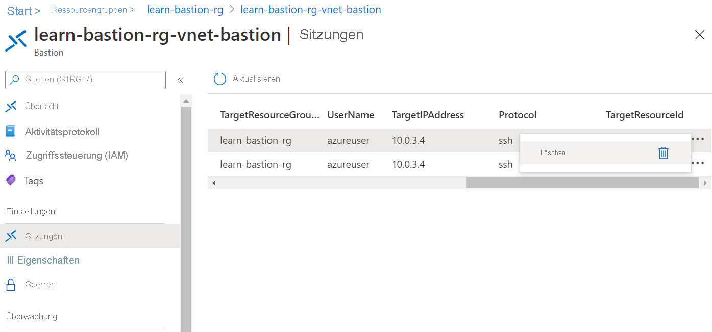 Screenshot of the Azure Bastion sessions page with the delete option selected for one of the two sessions.