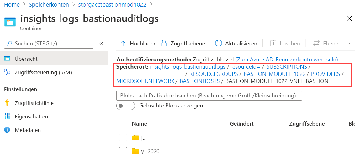 Screenshot of the insights logs for Azure Bastion that shows the folder location level is at the Azure Bastion host resource.