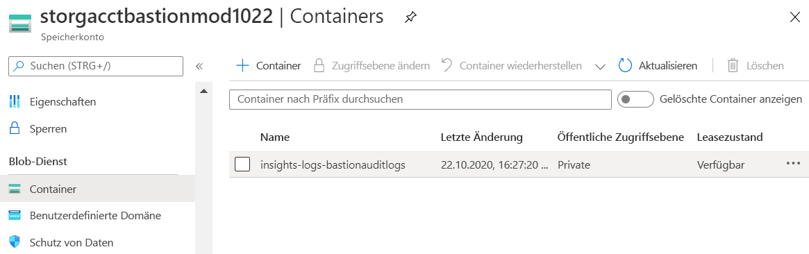 Screenshot of a storage account with a container called insights-logs-bastionauditlogs.