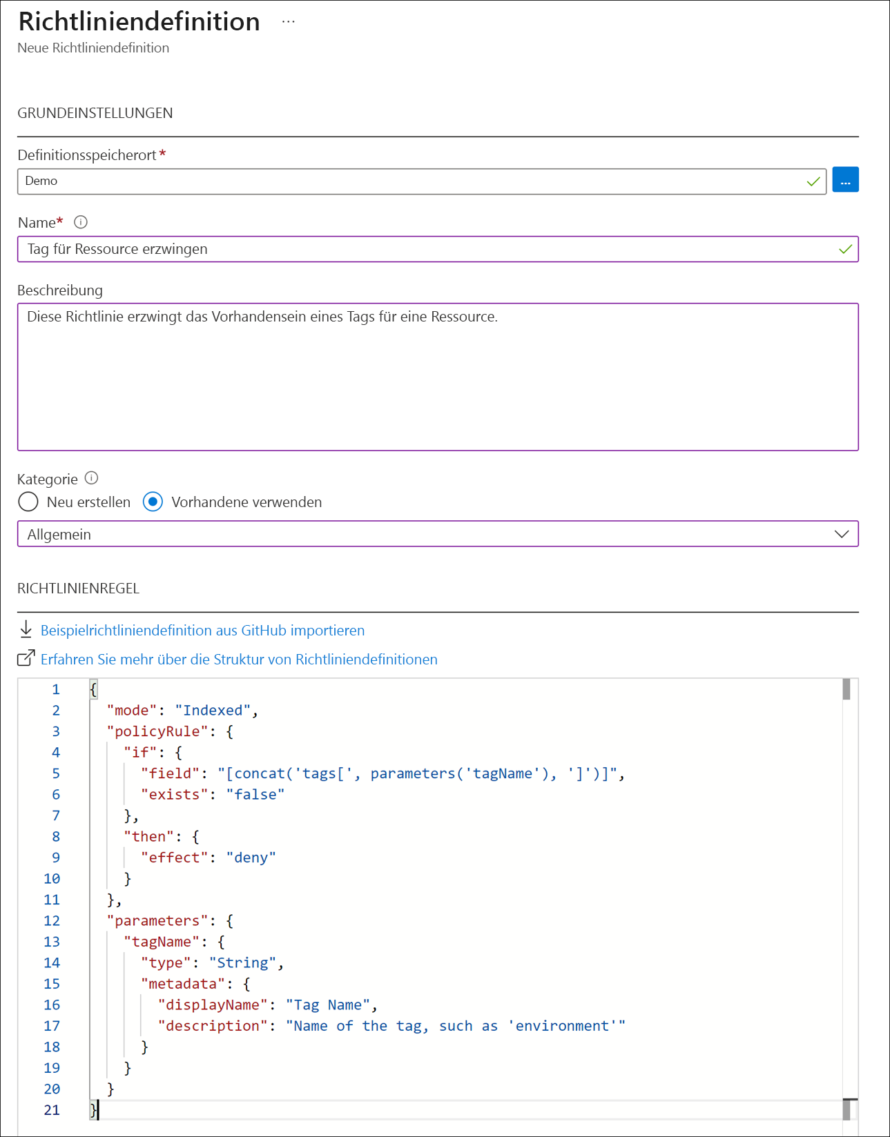 Screenshot of Azure portal showing the new policy definition dialog.