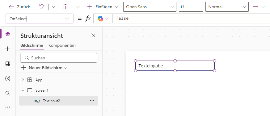Screenshot der Eigenschaft „on select“