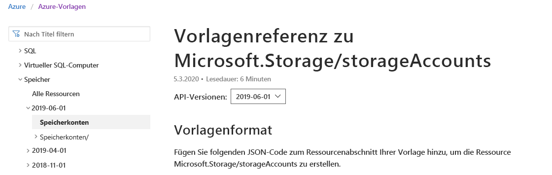 Screenshot of a Microsoft documentation page showing the storage account documentation selected.