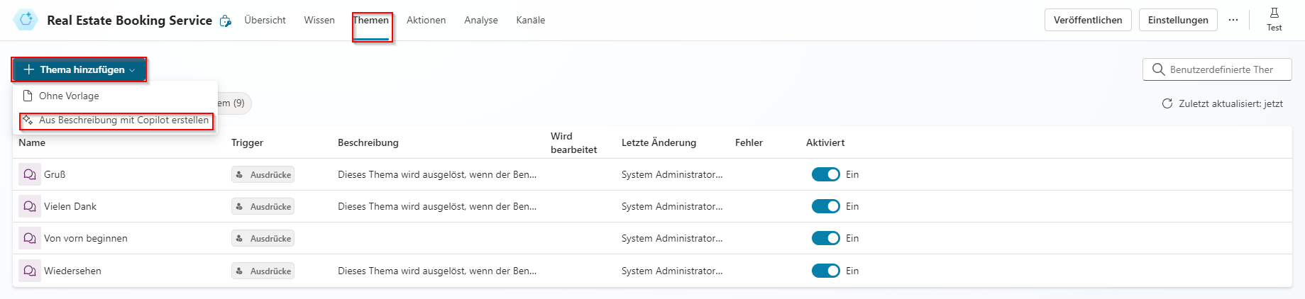 Screenshot der Erstellung aus der Beschreibung mit der Agent-Option