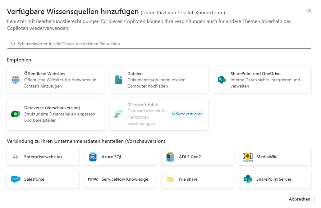 Screenshot der Wissensquellen