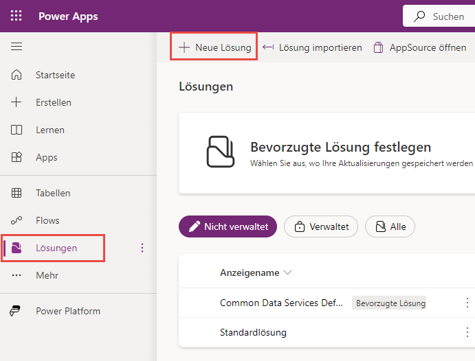 Screenshot der Lösungen im Maker Portal