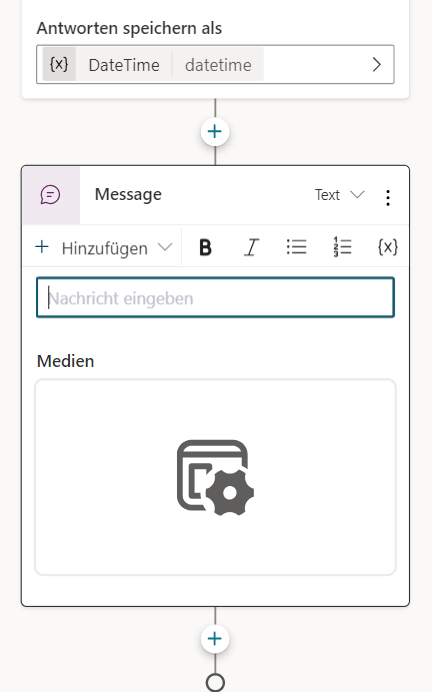Screenshot mit einem Nachrichtenknoten mit einer adaptiven Karte
