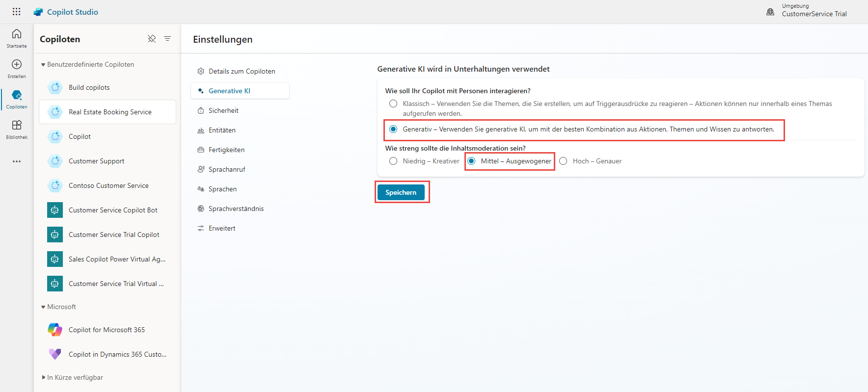 Screenshot des Bereichs „Generative KI“ in den Copilot Studio-Einstellungen
