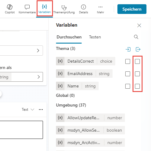 Screenshot des Variablenbereichs.