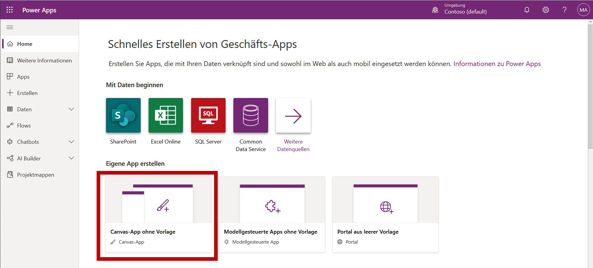 Screenshot der Option „Canvas-App ohne Vorlage“
