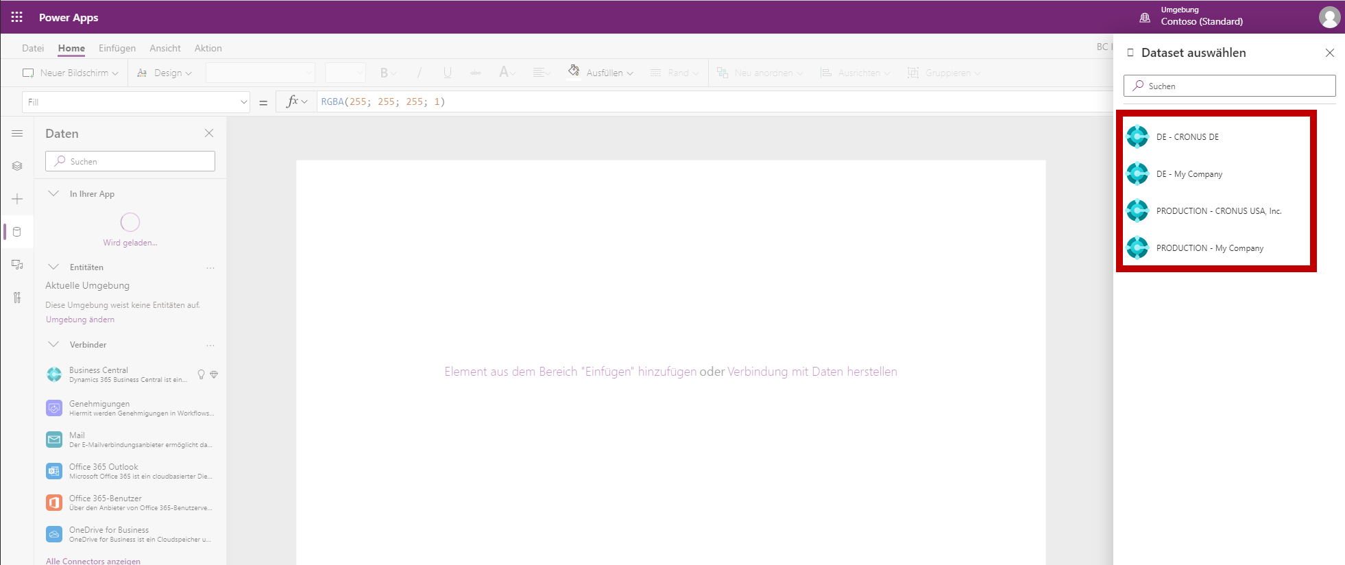 Screenshot der Funktion „Ein Business Central-Dataset auswählen“