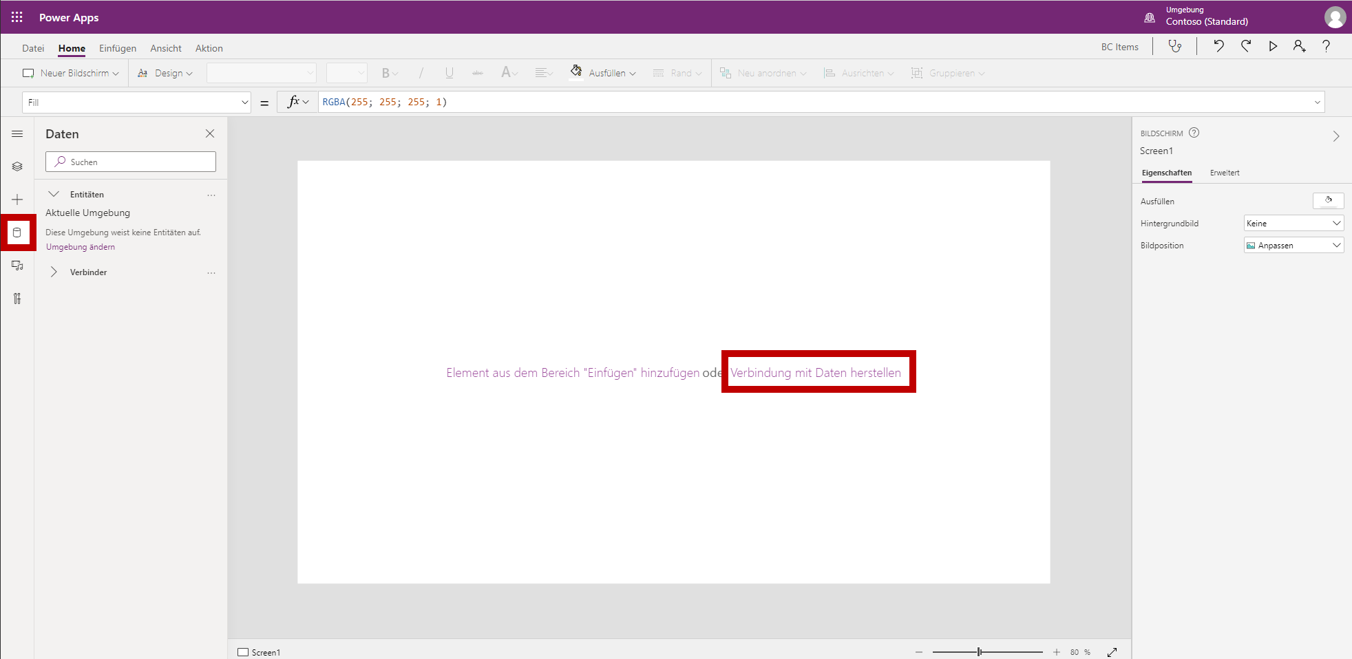 Screenshot der Funktionsschaltfläche und des Links „Eine Verbindung zu Daten aus Power App Studio herstellen“