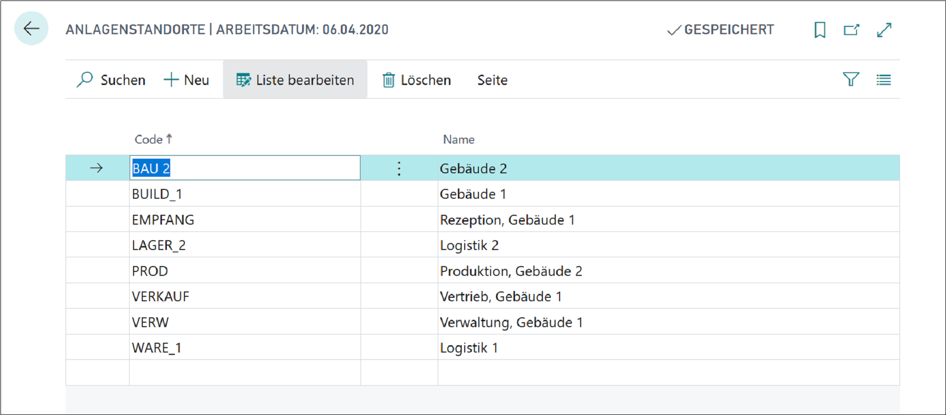 Screenshot des Fensters „Anlagenstandorte“ mit dem Feld „Name“