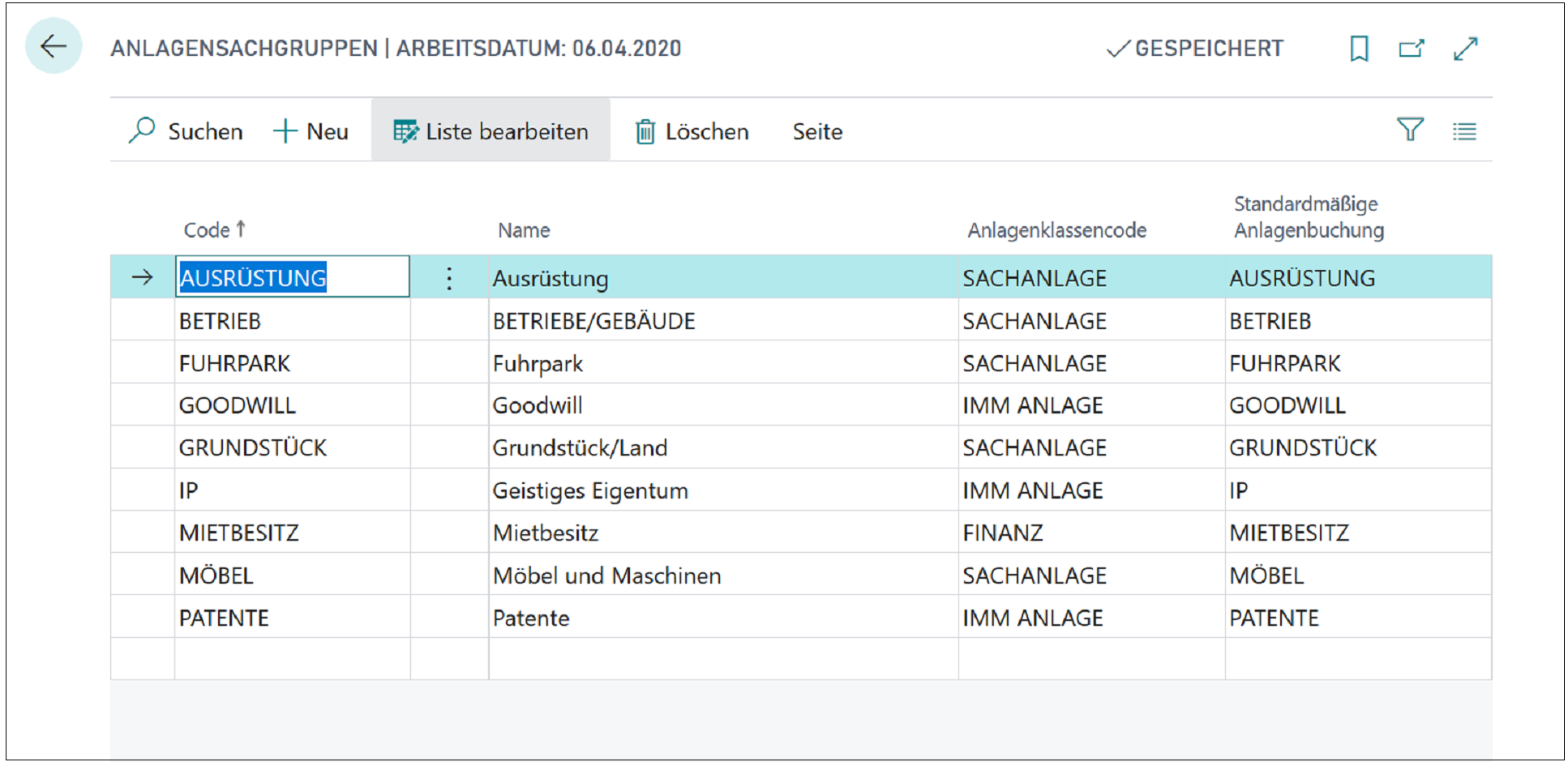 Screenshot des Fensters „Anlagenunterklassen“