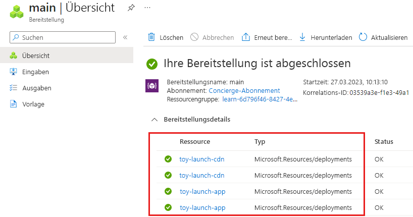 Screenshot: Bereitstellungsdetails für die Bereitstellung „main“ im Azure-Portal