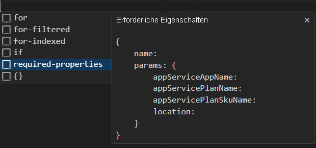 Screenshot: Visual Studio Code-Option zum Erstellen eines Gerüsts für ein Modul mit den erforderlichen Eigenschaften
