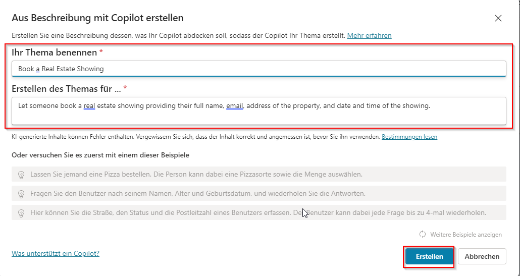 Screenshot des Fensters „Themenerstellung“