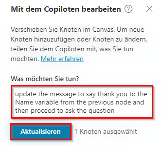 Screenshot der Aktualisierung eines Fragenknotens mit Copilot