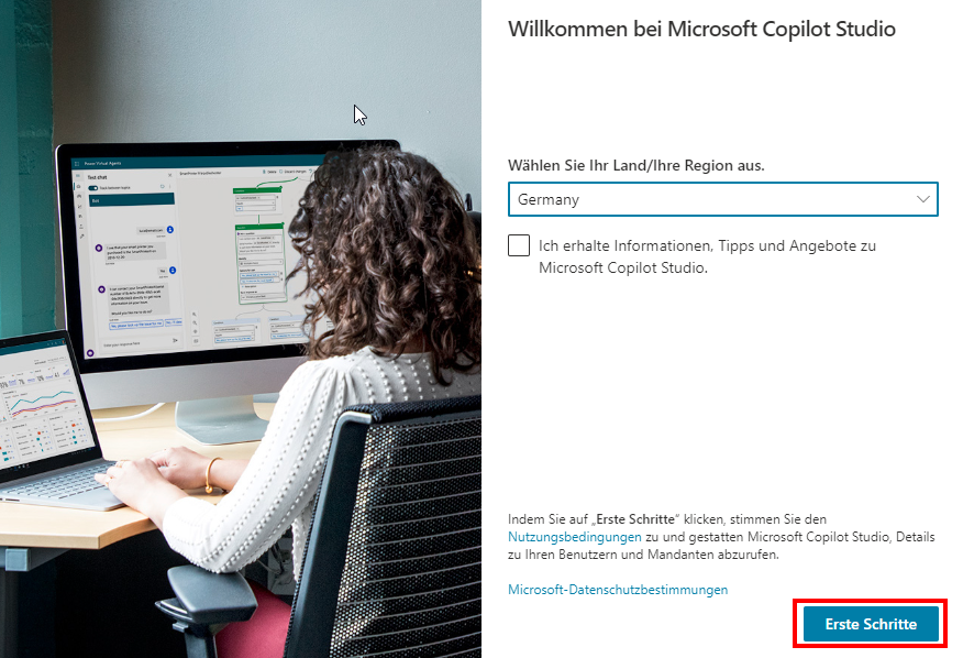 Screenshot des Dialogfelds „Willkommen bei der Microsoft Copilot Studio-Testversion“