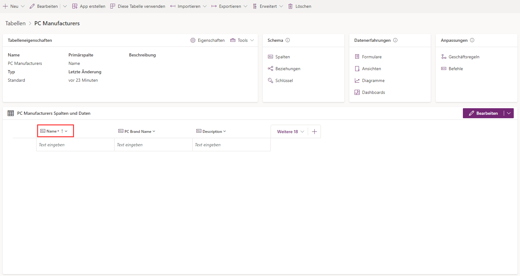 Screenshot des Fensters „PC-Hersteller-Tabellen“ mit hervorgehobener Spalte „Name“