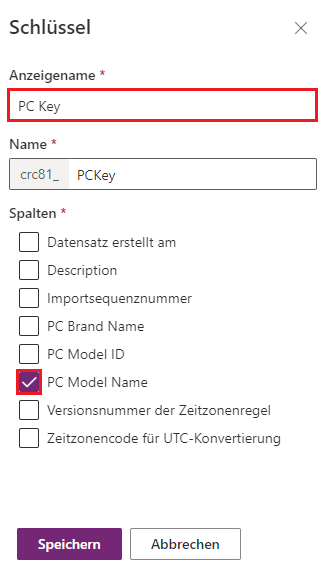 Screenshot des PC-Schlüssels mit ausgewählten Spalten „Anzeigename“ und „PC-Modellname“