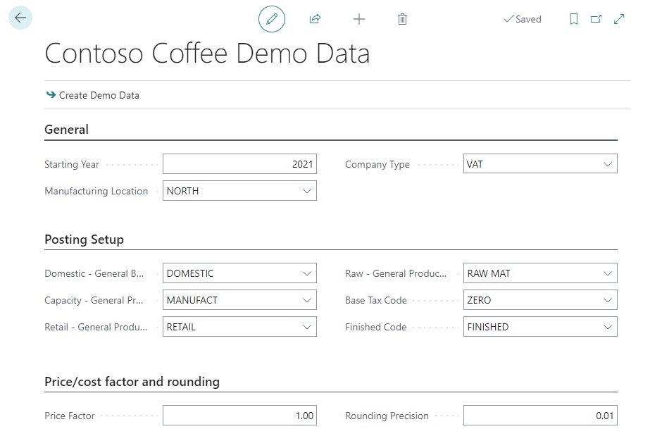 Screenshot der Seite Contoso Coffee-Demodaten