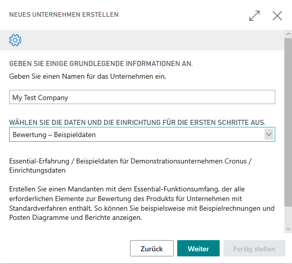 Screenshot von „Beispieldaten zur Bewertung“ im Menü „Wählen Sie die Daten und die Einrichtung für die ersten Schritte aus“