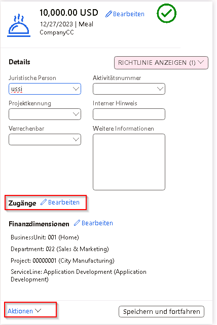 Screenshot der Registerkarte „Details“ zum Hinzufügen eines Belegs zu einer Zeile