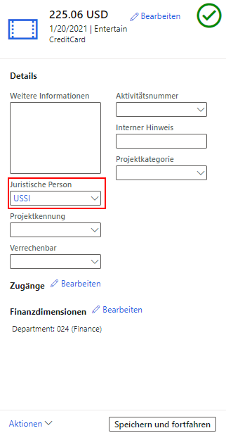  Screenshot der neuen Intercompany-Spesen mit Hervorhebung des Dropdownmenüs für juristische Personen.