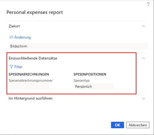 Screenshot des Inforegisters „Einzuschließende Datensätze“