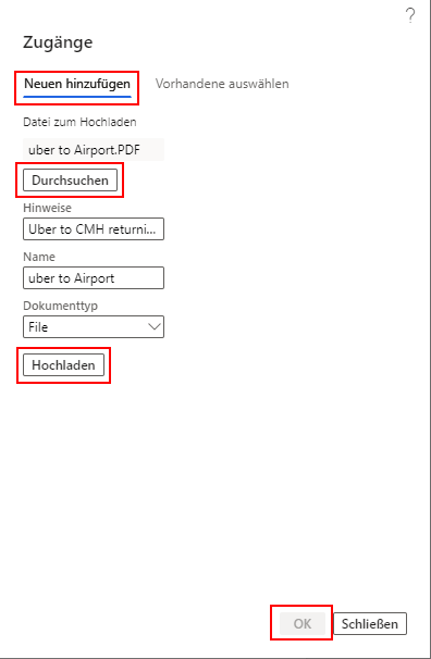 Screenshot der Registerkarte „Belege“ zum Anzeigen der Schaltfläche „Hochladen“