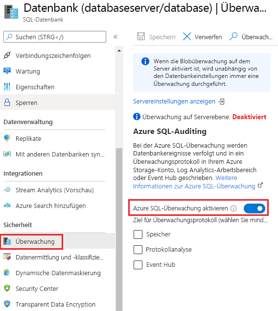 Screenshot, der zeigt, wie Sie die Überwachung für Azure SQL-Datenbanken aktivieren.