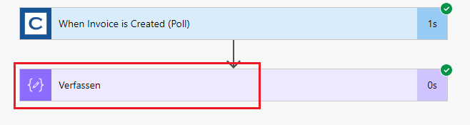 Screenshot eines Pfeils, der auf die Flowaktion „Zusammenstellen“ verweist