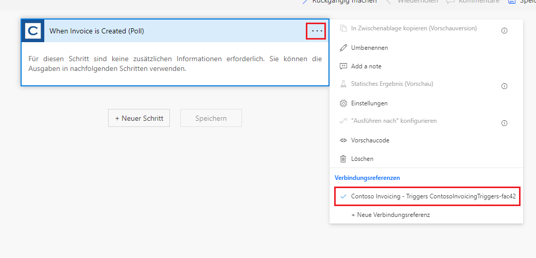 Screenshot des Abschnitts „Verbindungsreferenzen“