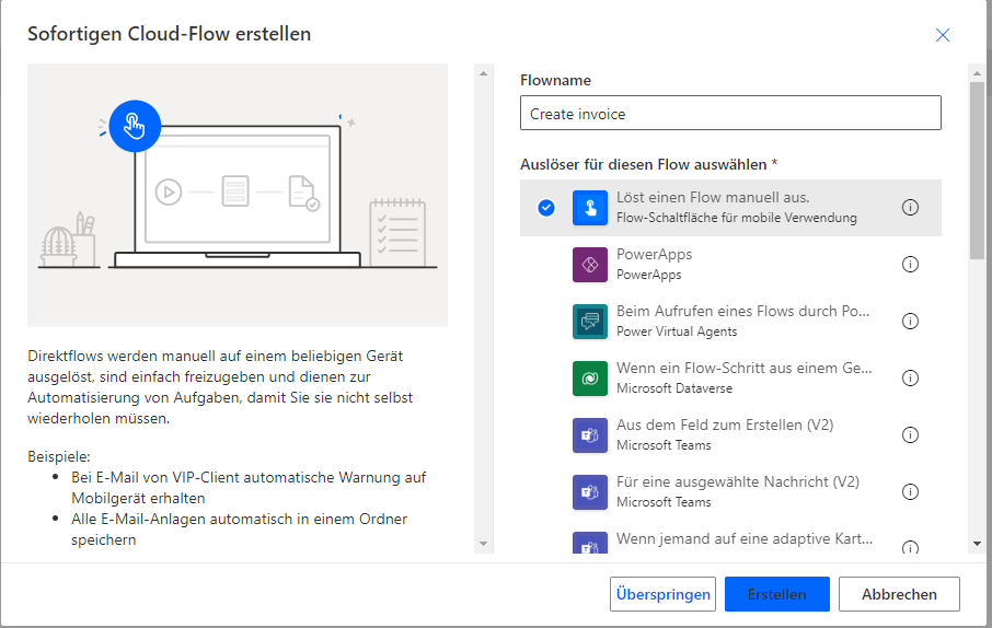 Screenshot eines Pfeils, der auf den Trigger „Einen Flow manuell auslösen“ verweist