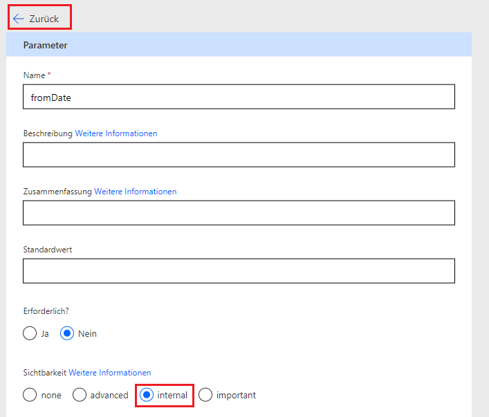 Screenshot der Option für die Sichtbarkeit des Parameters, die auf „internal“ festgelegt ist