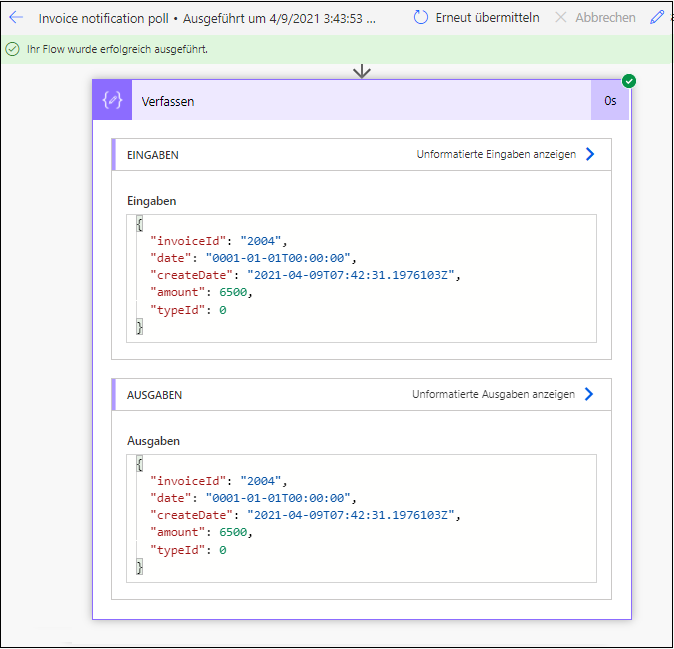 Screenshot der Ausgaben der Flowaktion „Zusammenstellen“