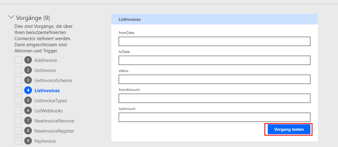 Screenshot eines Pfeils, der auf die Schaltfläche „Vorgang testen“ verweist